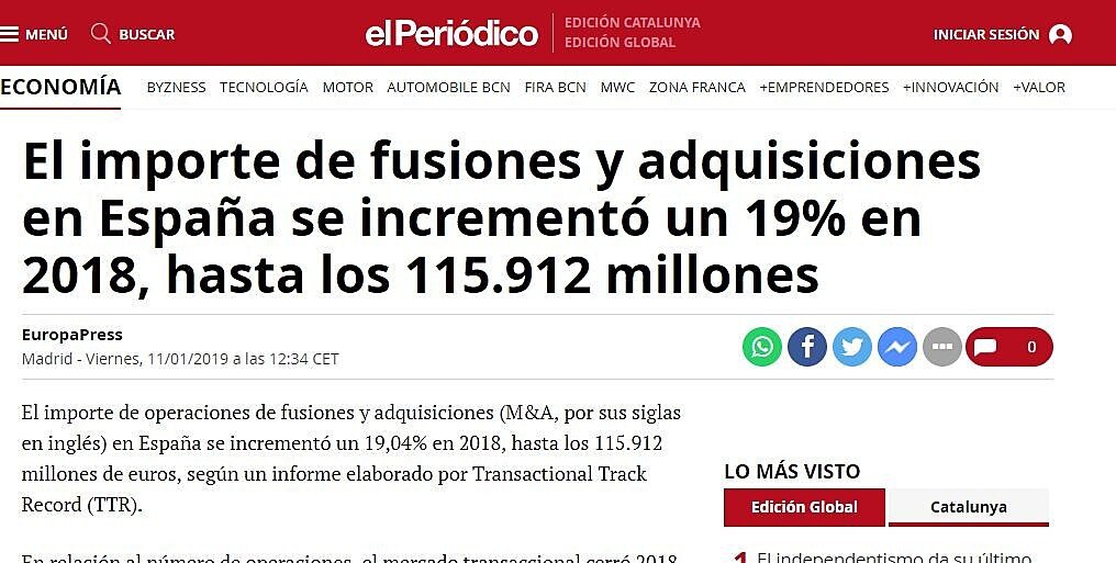 El importe de fusiones y adquisiciones en Espaa se increment un 19% en 2018, hasta los 115.912 millones